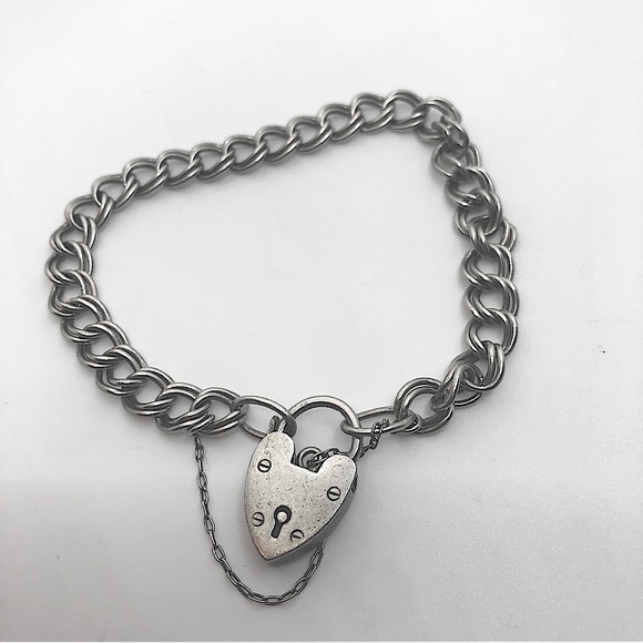 Vintage Jewelry - Vtg Sterling Heart Padlock Charm Bracelet w Safety Chain 7” or Smaller